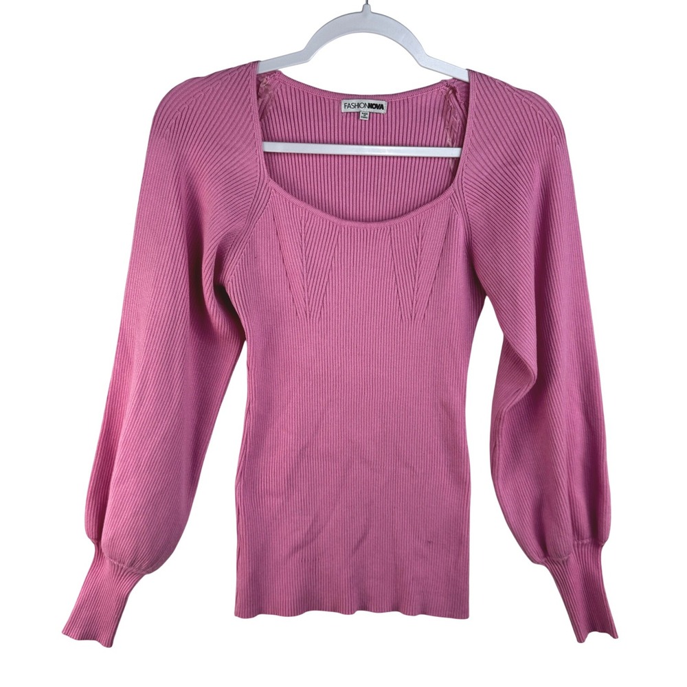 Fashion‎ Nova Pink Ribbed Knit Lantern Sleeve Square Neck Top Medium RAF7271FN